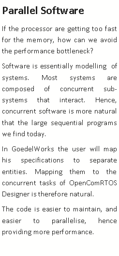Text Box: Parallel SoftwareIf the processor are getting too fast for the memory, how can we avoid the performance bottleneck? Software is essentially modelling  of systems. Most systems are composed of concurrent sub-systems that interact. Hence, concurrent software is more natural that the large sequential programs we find today. In GoedelWorks the user will map his specifications to separate entities. Mapping them to the concurrent tasks of OpenComRTOS Designer is therefore natural. The code is easier to maintain, and easier to parallelise, hence providing more performance.